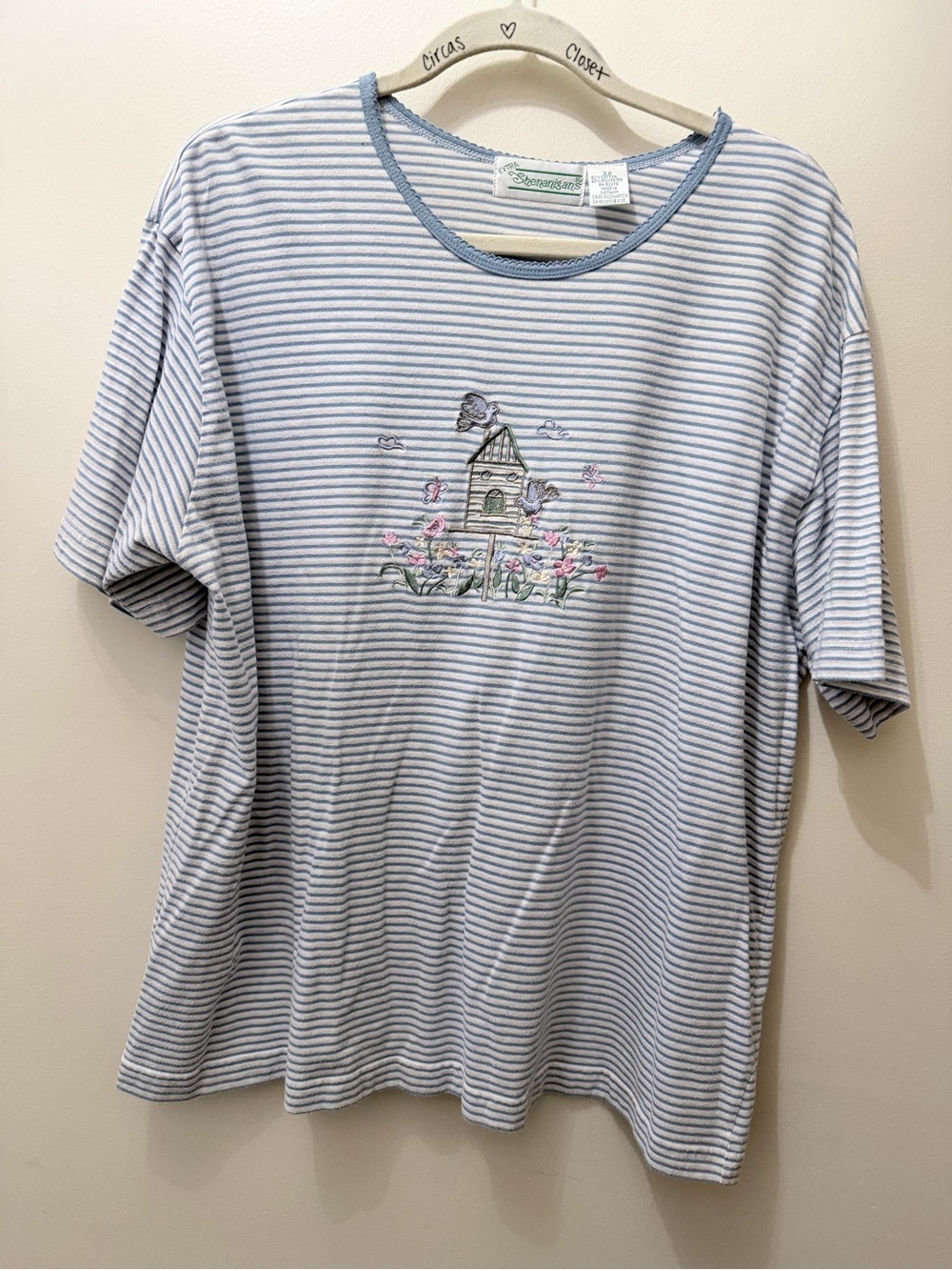 Vintage Shenanigans Embroidered Floral Bird House Pastel Shirt Grandma 3X Plus